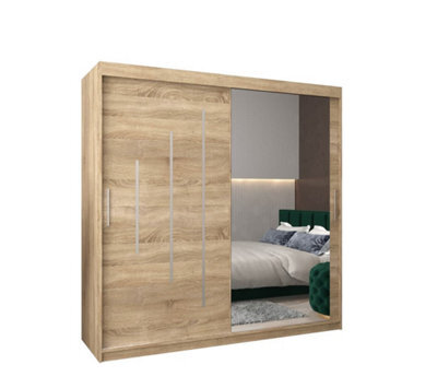 Arte Stylish Oak Sonoma York Ii Sliding Door Wardrobe W2000mm H2000mm D620mm - Mirrored Storage With Silver Handles - image 1