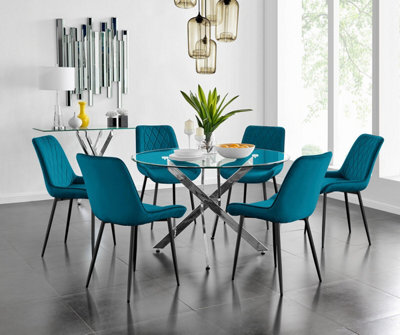 Furniturebox Uk Novara 120Cm Round Dining Table And 6 Blue Pesaro Black Leg Chairs - image 1