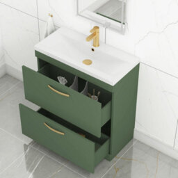 Royal Bathrooms Turin 800mm Floor Standing Vanity Unit Matt Green 2 Drawer Mid-Edge Basin With Brushed Brass Handles - thumbnail 5