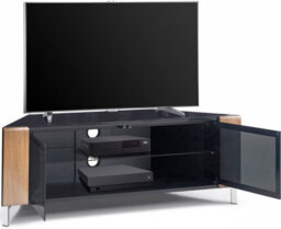 "Mda Designs Corvus Corner-Friendly Black Cabinet With Oak Profiles Black Beamthru Glass Doors For Flat Screen Tvs Up To 50""" - thumbnail 4