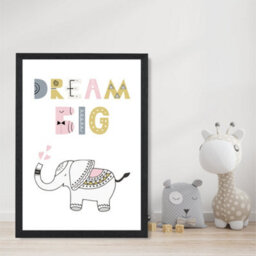 Artze Wall Art Cute Dream Big Elephant Scandi Quote Art Print With Black Frame Size: A4 - thumbnail 2