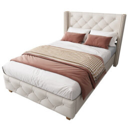 Matteo Beige Linen Upholstered Single Bed Frame With Button Tufted Headboard & Wooden Legs - thumbnail 8