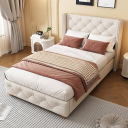Matteo Beige Linen Upholstered Single Bed Frame With Button Tufted Headboard & Wooden Legs - thumbnail 2