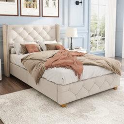 Matteo Beige Linen Upholstered Single Bed Frame With Button Tufted Headboard & Wooden Legs - thumbnail 5
