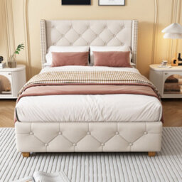 Matteo Beige Linen Upholstered Single Bed Frame With Button Tufted Headboard & Wooden Legs - thumbnail 3