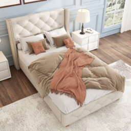 Matteo Beige Linen Upholstered Single Bed Frame With Button Tufted Headboard & Wooden Legs - thumbnail 4