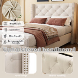 Matteo Beige Linen Upholstered Single Bed Frame With Button Tufted Headboard & Wooden Legs - thumbnail 7