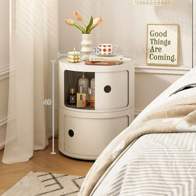 Beige - 2Tiers Cylindrical Round Storage Cabinet Cupboard Shelf Side End Table Shelf - image 1