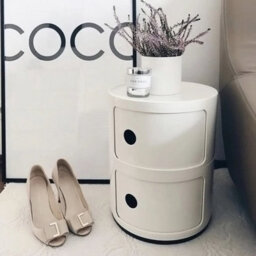 Beige - 2Tiers Cylindrical Round Storage Cabinet Cupboard Shelf Side End Table Shelf - thumbnail 3