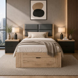 Modernluxe 3Ft Single Bed, With Storage, 90 X 190 Cm, With 3 Drawers, 2 Open Shelves, Padded Headboard And Led Light, Natural - thumbnail 3
