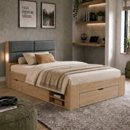 Modernluxe 3Ft Single Bed, With Storage, 90 X 190 Cm, With 3 Drawers, 2 Open Shelves, Padded Headboard And Led Light, Natural - thumbnail 2