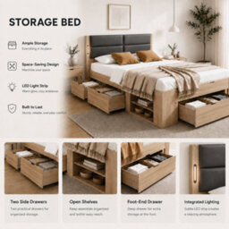 Modernluxe 3Ft Single Bed, With Storage, 90 X 190 Cm, With 3 Drawers, 2 Open Shelves, Padded Headboard And Led Light, Natural - thumbnail 5