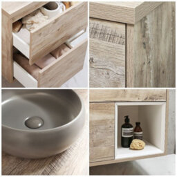 Homestylestore Light Oak 800mm Wall Hung Bathroom Vanity Unit Round Pebble Countertop Basin Open Shelf - thumbnail 2