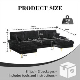 Abrihome Modular U-Shaped Sectional Sofa With Double Chaise, Premium Chenille Fabric, Easy-Clean, Large Living Room Couch Set, Black - thumbnail 7