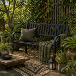 Wyld Haus Dosu Metal Black Outdoor Garden Bench Loveseat With Slatted Frame - 2-Seater, Powder-Coated Steel - thumbnail 1