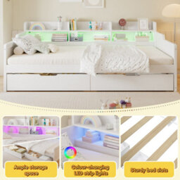 Matteo Single Wooden Storage Daybed 90X190Cm - White With Led Lights - thumbnail 6