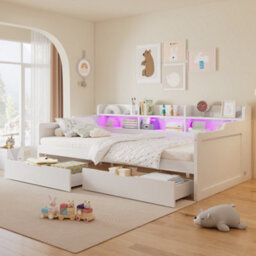Matteo Single Wooden Storage Daybed 90X190Cm - White With Led Lights - thumbnail 2