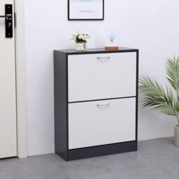 Avc Designs 2 Drawer Shoe Storage Cabinet Wooden Freestanding Footwear Rack Unit For Hallway Or Entryway (Grey & White) - thumbnail 2