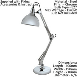 Adjustable Chrome Table Desk Lamp With E27 Bulb Socket And In-Line Switch - thumbnail 2