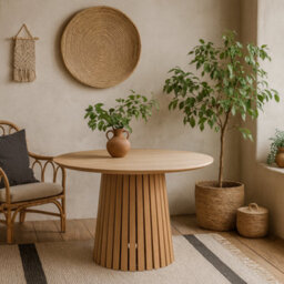 Wyld Haus Twillbury Round Dining Table, Matt Oak-Look Top With Slatted Conic Base, 120Cm