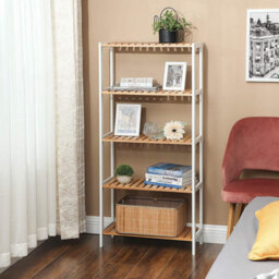 Songmics Customizable Bamboo Display Unit, 5-Tier Storage Solution With Adjustable Levels, Modern Home Organizer, White And Wood - thumbnail 4