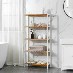 Customizable Bamboo Display Unit, 5-Tier Storage Solution With Adjustable Levels, Modern Home Organizer, White And Wood