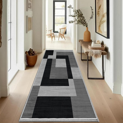 Ameha Printed Rug Hallway Area Runner Extra Large Soft Pile Modern Bedroom Living Room Carpet- 80X300 Cm Milo Black Grey - image 1