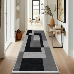 Ameha Printed Rug Hallway Area Runner Extra Large Soft Pile Modern Bedroom Living Room Carpet- 80X300 Cm Milo Black Grey - thumbnail 1