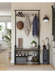 LEDREM Coat Rack, Coat Stand With Shoe Storage Bench, 4-In-1 Design, With 9 Removable Hooks, A Clothes Rail, For Hallway - thumbnail 1