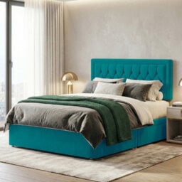 Adore Designs Diamond Cut Bumper Plush Velvet Divan Bed, Headboard & Mattress - 4Ft Small Double - Mallard - 2 Drawers Same Side - thumbnail 1