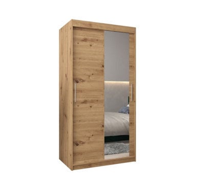 Arte Tokyo 02 Contemporary Mirrored 2 Sliding Door Wardrobe 5 Shelves 2 Rails Oak Artisan Effect (H)2000mm (W)1000mm (D)620mm - image 1