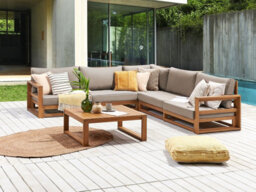 Beliani Garden Corner Sofa With Table 5 Seater Timor Modular Certified Acacia Wood Light Brown - thumbnail 2