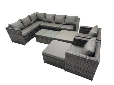 Fimous Outdoor Rattan Rectangular Coffee Table Corner Sofa Sets Garden Furniture Set With 2 Chairs 2 Big Stools Dark Grey Mixed - image 1