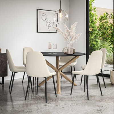 More4Homes Malvern Round Dining Table And Chairs -  Black Table Top W Solid Oak Legs + Maya Boucle Dining Chair Set Of 6 (Ivory White) - image 1