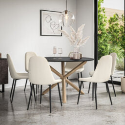 More4Homes Malvern Round Dining Table And Chairs -  Black Table Top W Solid Oak Legs + Maya Boucle Dining Chair Set Of 6 (Ivory White)