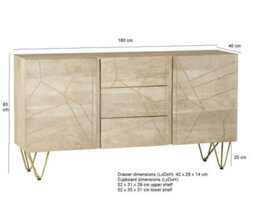 Wyld Haus Bali Extra Large Mango Wood Sideboard, Light Finish With Gold Inlays, 3 Drawers 2 Doors - thumbnail 4