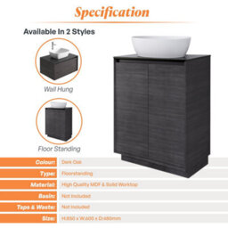 Plum&clay Matterhorn Dark Oak Floor Standing Bathroom Vanity Unit With Black Countertop (W)600mm (H)850mm - thumbnail 4