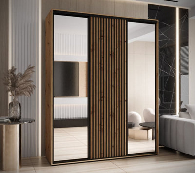 Arte Sapporo Ii - Oak Artisan Mirrored Sliding Door Wardrobe With Lamella Effect - Ample Storage (H)2050mm (W)1900mm (D)600mm - image 1