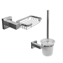Toilet Brush & Holder + Soap Basket Wall Mounted Bathroom Set Chrome