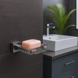 Toilet Brush & Holder + Soap Basket Wall Mounted Bathroom Set Chrome - thumbnail 5