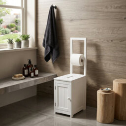 Wooden Freestanding Toilet Roll Holder With Storage Cabinet White Bathroom Organiser