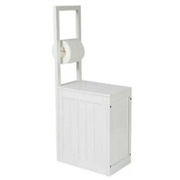 Wooden Freestanding Toilet Roll Holder With Storage Cabinet White Bathroom Organiser - thumbnail 3