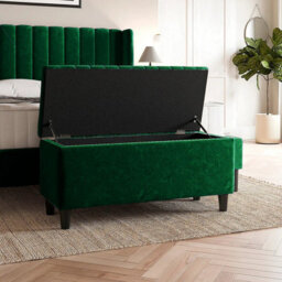 180Cm Lined Upholstered Ottoman Storage Box - Forest Green Plush Velvet Blanket Storage Box With Wooden Legs - thumbnail 2