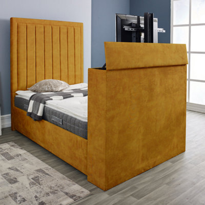 Urban Textures Tv Bed Plush Velvet Upholstered Tv Bed Frame With Headboard - Mustard - image 1