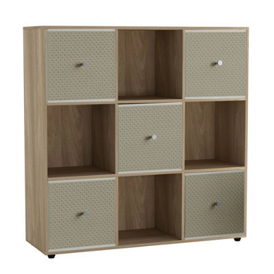 Urbn-Living 9 Cube Oak Wooden Bookcase Shelving Unit With 5 Collapsible Fabric Drawers Beige - image 1