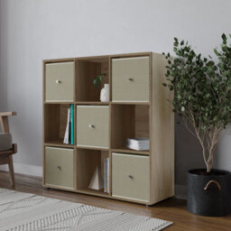 Urbn-Living 9 Cube Oak Wooden Bookcase Shelving Unit With 5 Collapsible Fabric Drawers  Beige - thumbnail 3