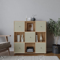 Urbn-Living 9 Cube Oak Wooden Bookcase Shelving Unit With 5 Collapsible Fabric Drawers  Beige - thumbnail 2