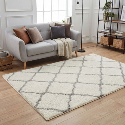 The Rugs Moroccan Shaggy Rugs And Runners Soft  High Pile Ivory And Grey Living Room Kitchen Hallway 700