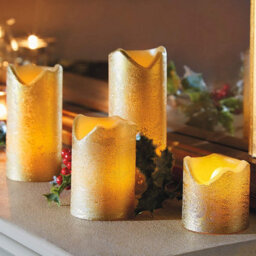 4 X Gold Real Wax Led Pillar Candles - Battery Powered Flickering Light Home Decoration - One Of Each 5, 7.5, 10 & 13Cm