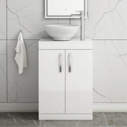 Royal Bathrooms 600mm Floor Standing Vanity Unit 2 Door Gloss White & Countertop Basin - Breeze - thumbnail 1